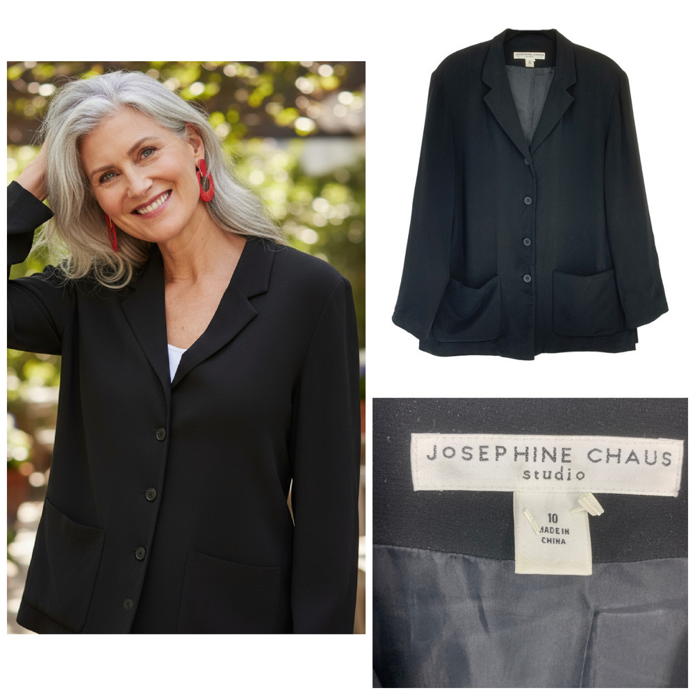 Vintage Josephine Chaus 100% Silk Jacket Sz 10 Black Blazer Pockets Minimalist